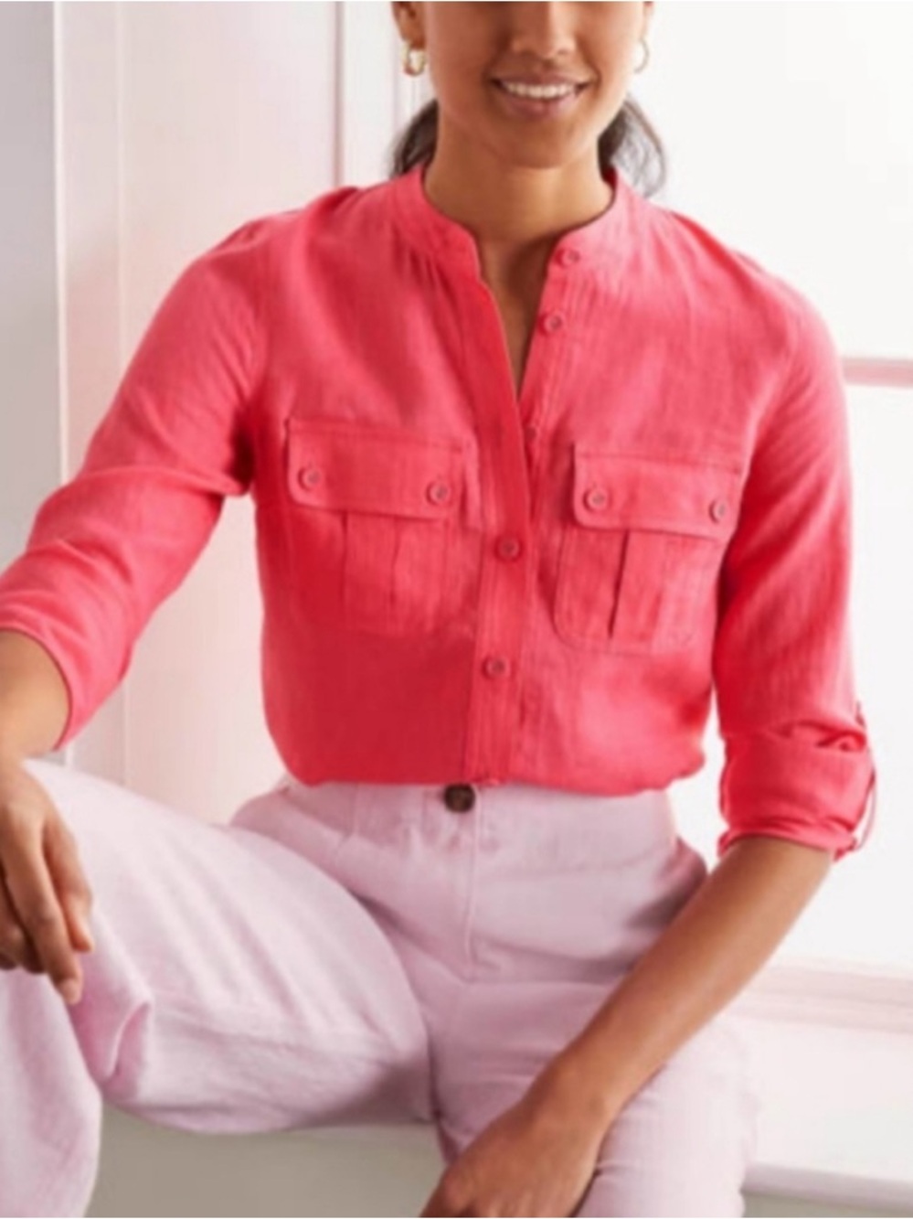 Boden Dolores Linen Button Down Shirt in Lolipop Pink